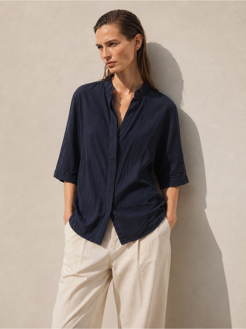 COS navy blue seersucker hidden button blouse